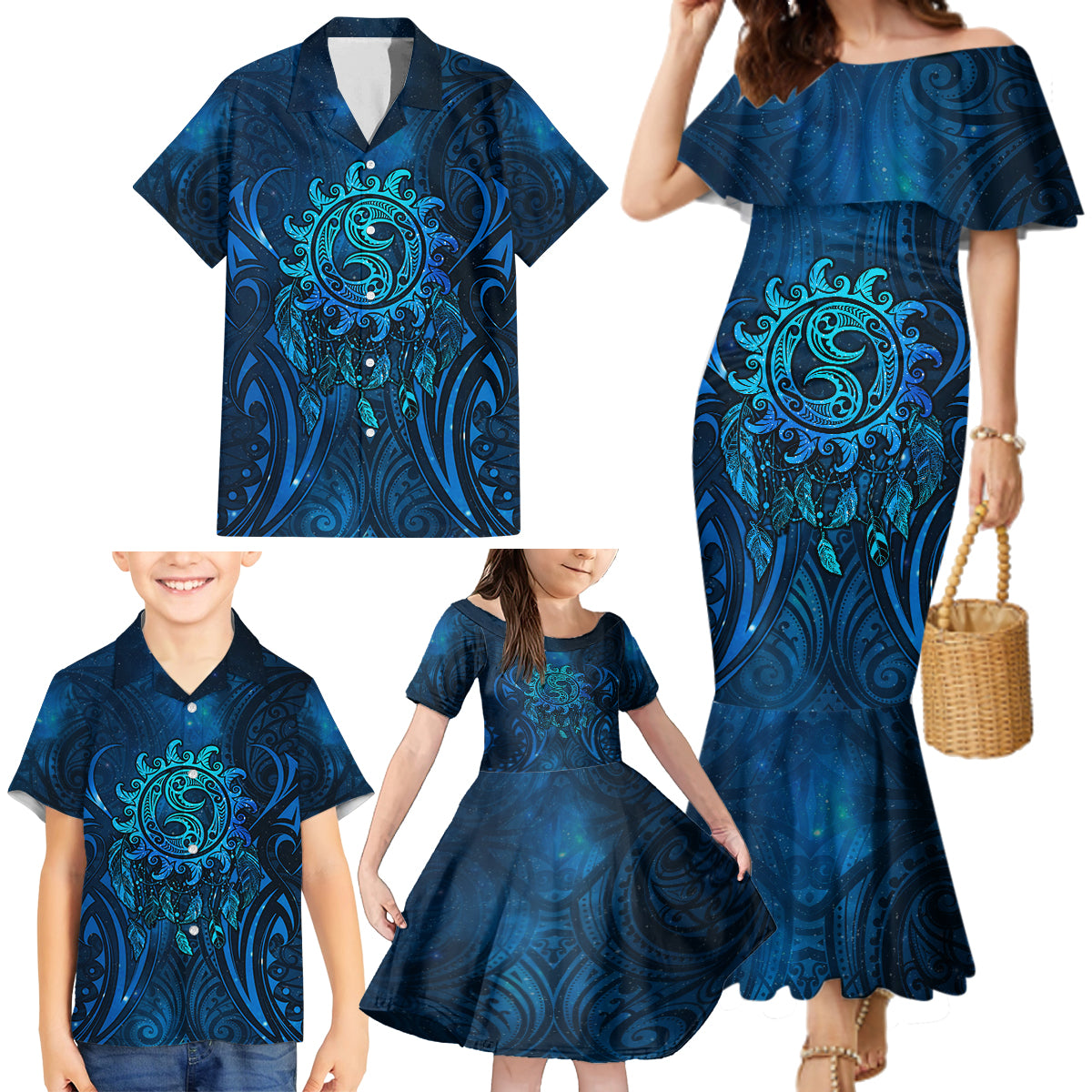 New Zealand Dream Catcher Family Matching Mermaid Dress and Hawaiian Shirt Maori Koru Pattern Blue Version LT05 - Polynesian Pride