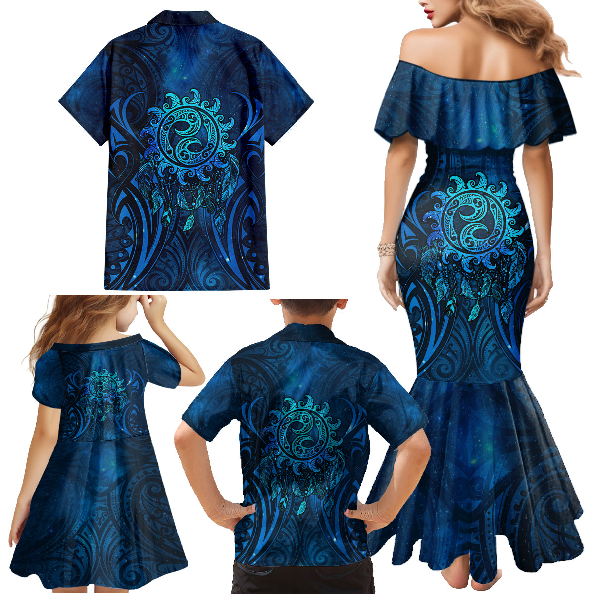 New Zealand Dream Catcher Family Matching Mermaid Dress and Hawaiian Shirt Maori Koru Pattern Blue Version LT05 - Polynesian Pride