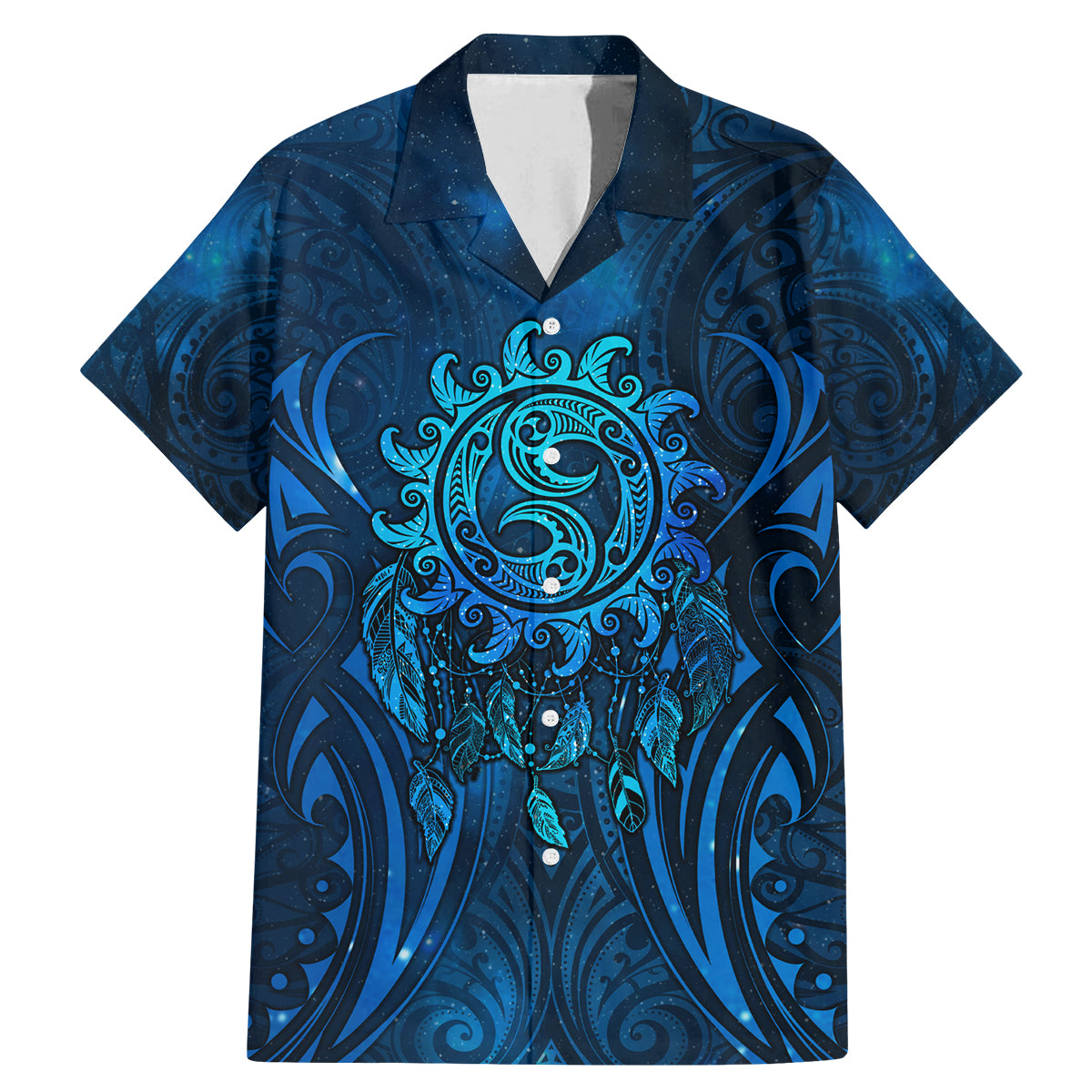 New Zealand Dream Catcher Family Matching Mermaid Dress and Hawaiian Shirt Maori Koru Pattern Blue Version LT05 Dad's Shirt - Short Sleeve Blue - Polynesian Pride
