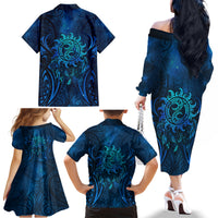 New Zealand Dream Catcher Family Matching Off The Shoulder Long Sleeve Dress and Hawaiian Shirt Maori Koru Pattern Blue Version LT05 - Polynesian Pride