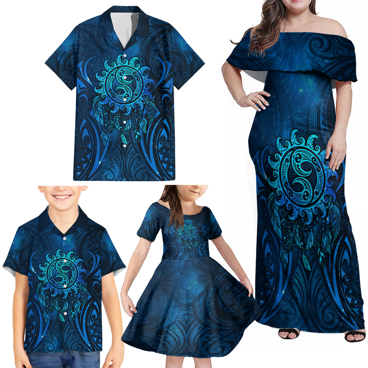 New Zealand Dream Catcher Family Matching Off Shoulder Maxi Dress and Hawaiian Shirt Maori Koru Pattern Blue Version LT05 - Polynesian Pride
