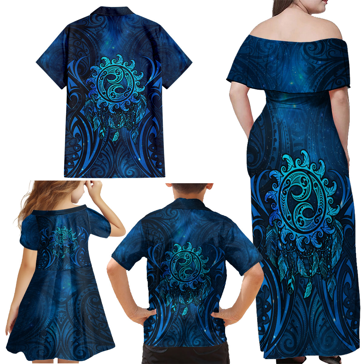 New Zealand Dream Catcher Family Matching Off Shoulder Maxi Dress and Hawaiian Shirt Maori Koru Pattern Blue Version LT05 - Polynesian Pride