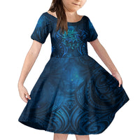 New Zealand Dream Catcher Family Matching Off Shoulder Short Dress and Hawaiian Shirt Maori Koru Pattern Blue Version LT05 Daughter's Dress Blue - Polynesian Pride