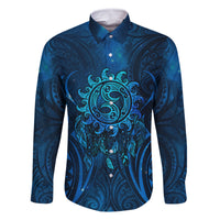 New Zealand Dream Catcher Family Matching Off Shoulder Short Dress and Hawaiian Shirt Maori Koru Pattern Blue Version LT05 Dad's Shirt - Long Sleeve Blue - Polynesian Pride