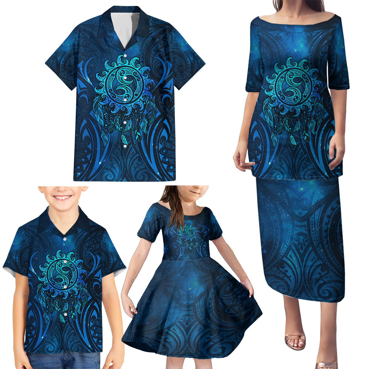 New Zealand Dream Catcher Family Matching Puletasi and Hawaiian Shirt Maori Koru Pattern Blue Version LT05 - Polynesian Pride