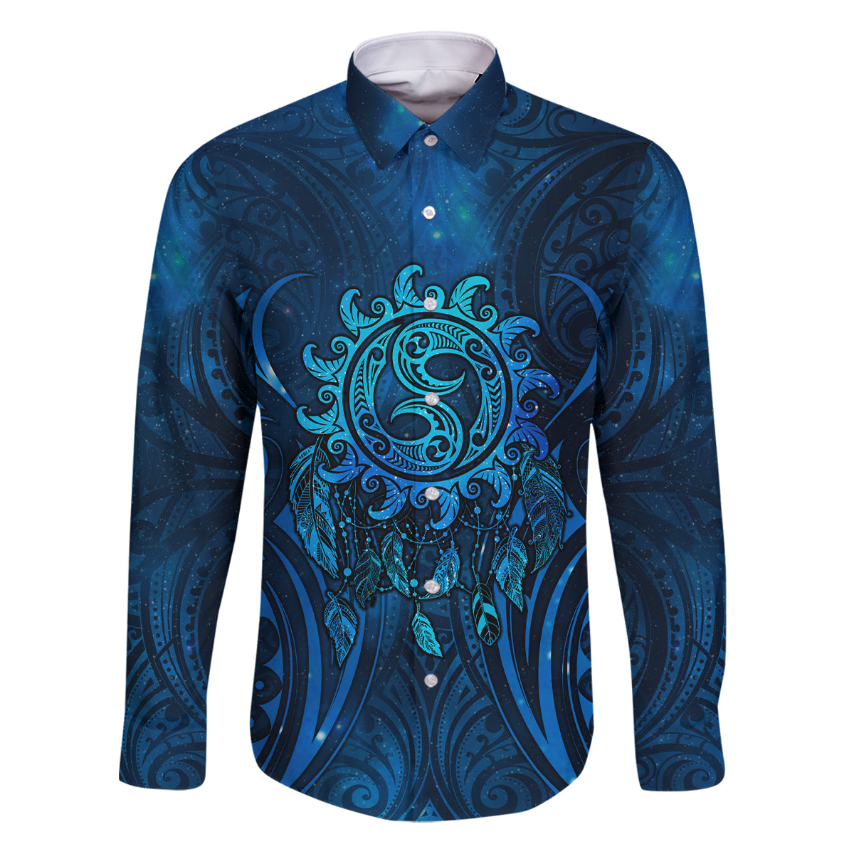 New Zealand Dream Catcher Family Matching Puletasi and Hawaiian Shirt Maori Koru Pattern Blue Version LT05 Dad's Shirt - Long Sleeve Blue - Polynesian Pride