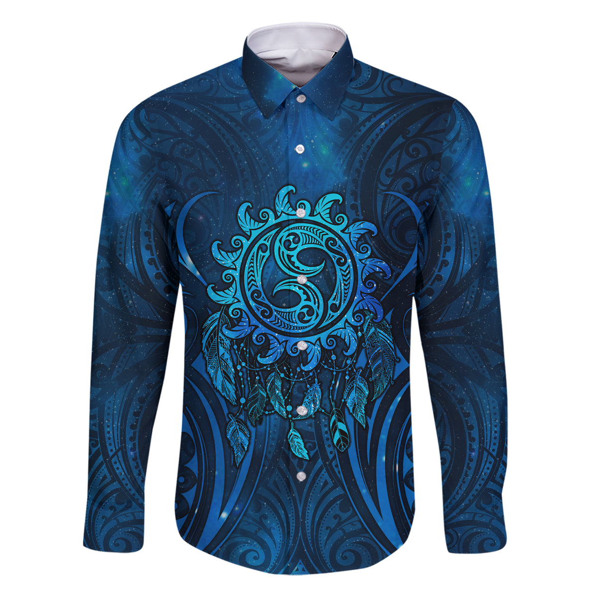 New Zealand Dream Catcher Family Matching Short Sleeve Bodycon Dress and Hawaiian Shirt Maori Koru Pattern Blue Version LT05 Dad's Shirt - Long Sleeve Blue - Polynesian Pride