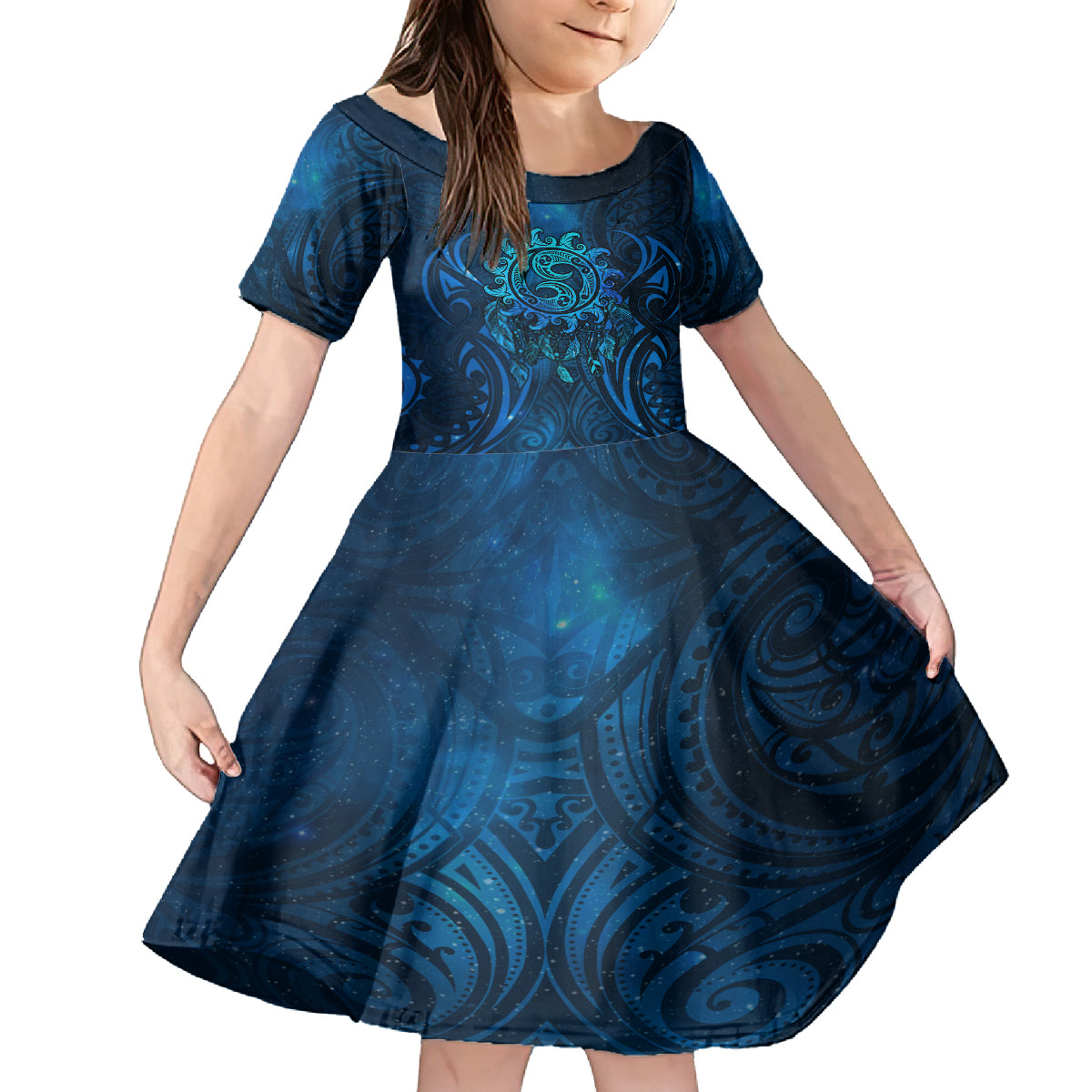 New Zealand Dream Catcher Family Matching Summer Maxi Dress and Hawaiian Shirt Maori Koru Pattern Blue Version LT05 Daughter's Dress Blue - Polynesian Pride