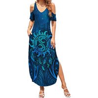 New Zealand Dream Catcher Family Matching Summer Maxi Dress and Hawaiian Shirt Maori Koru Pattern Blue Version LT05 Mom's Dress Blue - Polynesian Pride