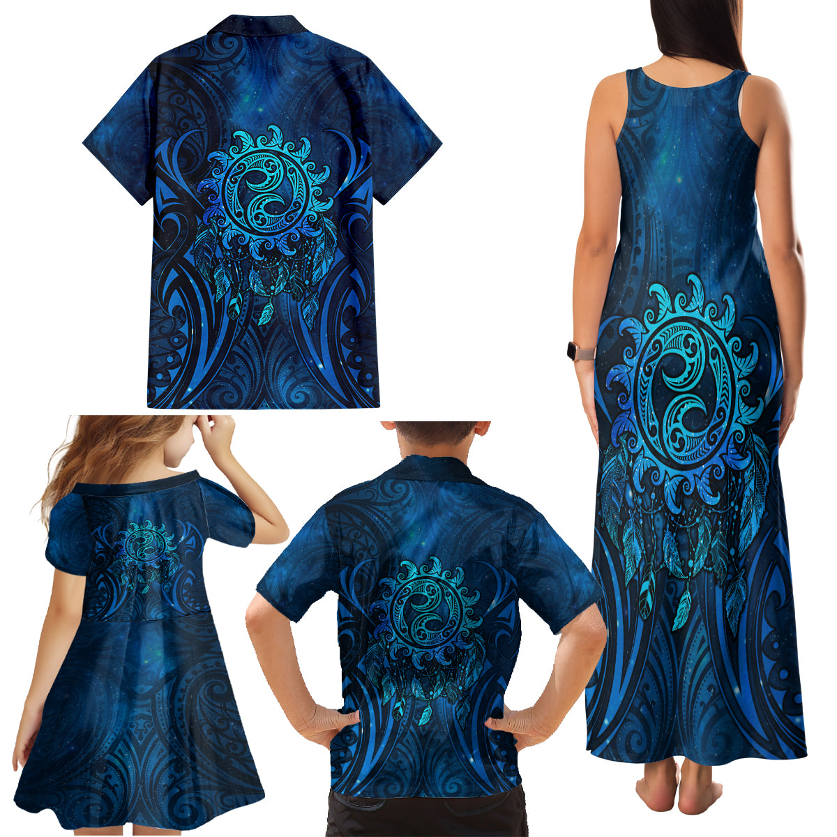 New Zealand Dream Catcher Family Matching Tank Maxi Dress and Hawaiian Shirt Maori Koru Pattern Blue Version LT05 - Polynesian Pride