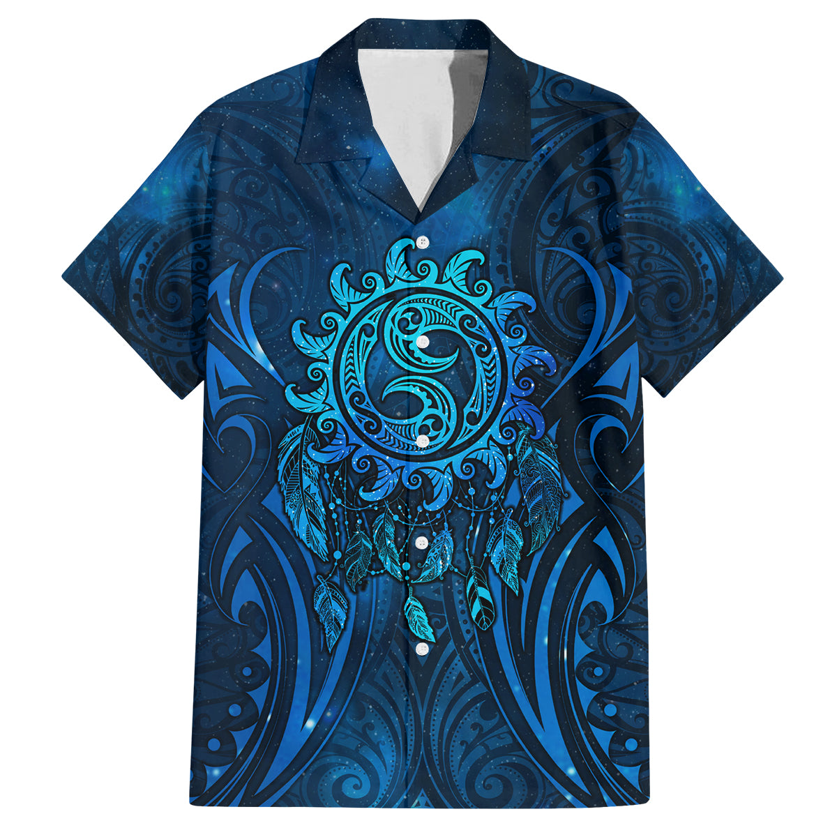 New Zealand Dream Catcher Family Matching Tank Maxi Dress and Hawaiian Shirt Maori Koru Pattern Blue Version LT05 Dad's Shirt - Short Sleeve Blue - Polynesian Pride