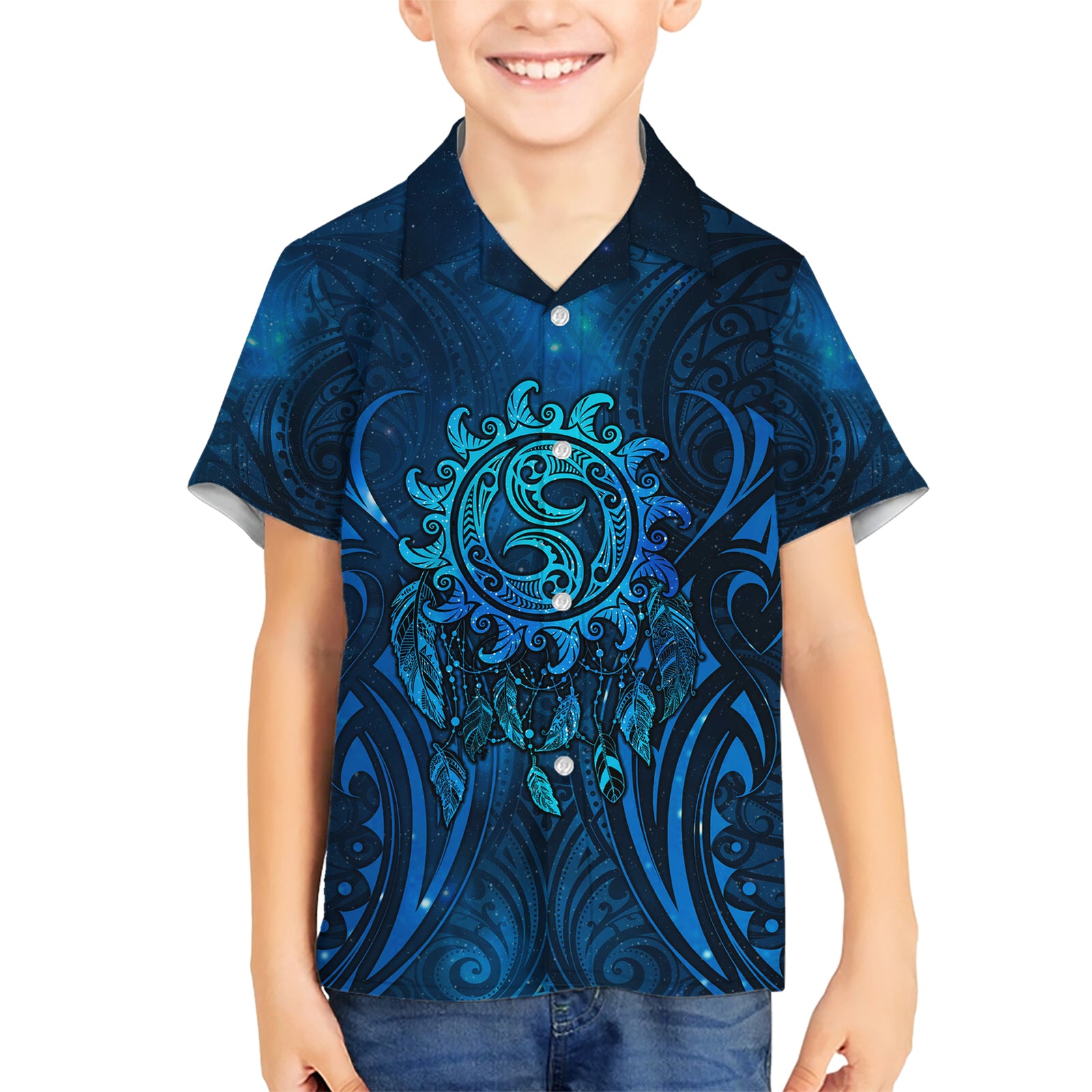 New Zealand Dream Catcher Kid Hawaiian Shirt Maori Koru Pattern Blue Version LT05 Kid Blue - Polynesian Pride
