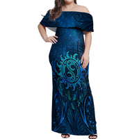 New Zealand Dream Catcher Off Shoulder Maxi Dress Maori Koru Pattern Blue Version
