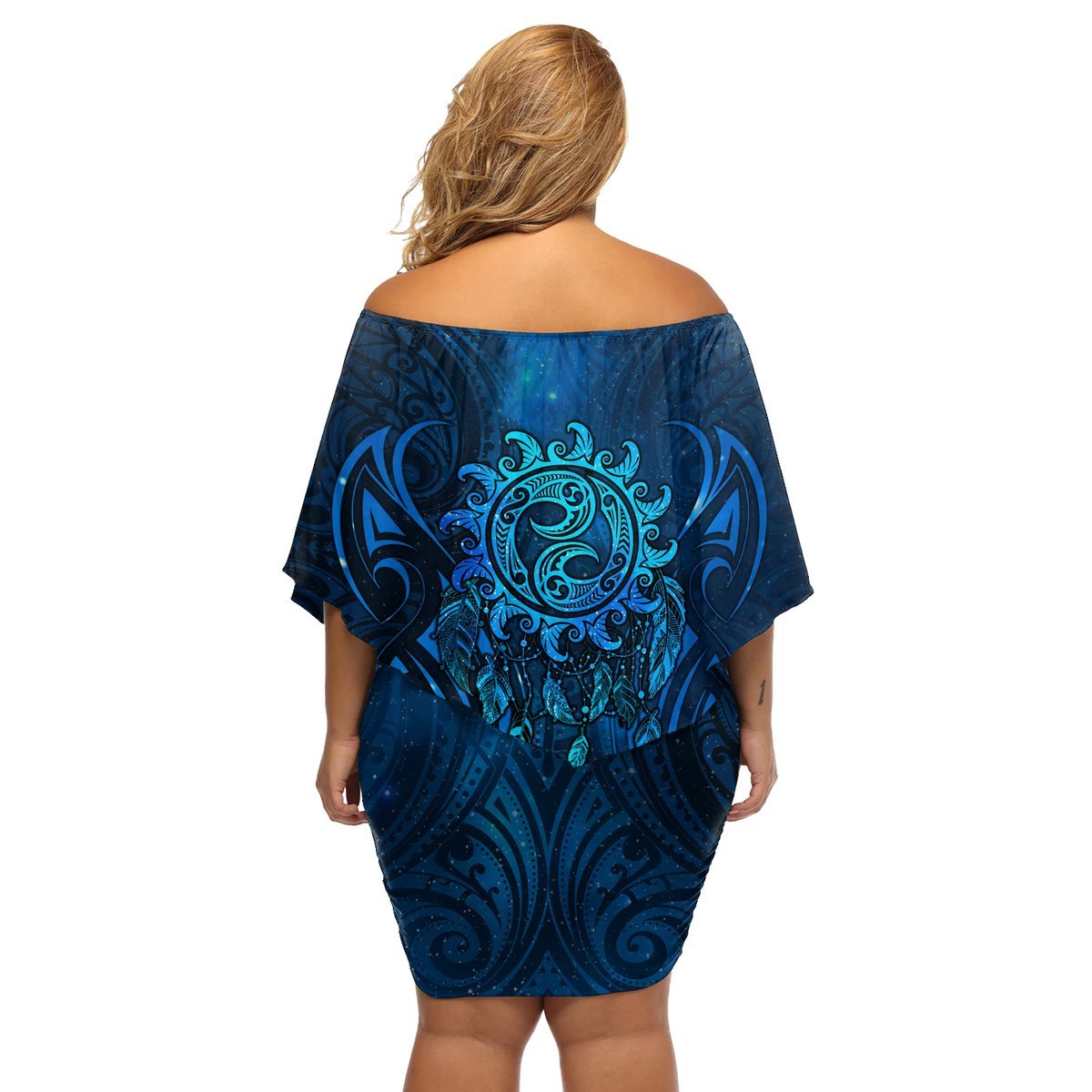New Zealand Dream Catcher Off Shoulder Short Dress Maori Koru Pattern Blue Version LT05 - Polynesian Pride