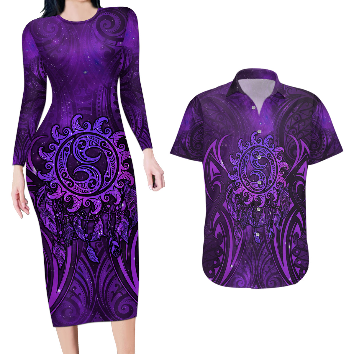 New Zealand Dream Catcher Couples Matching Long Sleeve Bodycon Dress and Hawaiian Shirt Maori Koru Pattern Purple Version LT05 Purple - Polynesian Pride