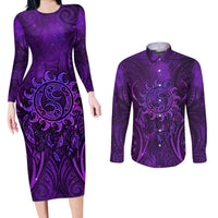 New Zealand Dream Catcher Couples Matching Long Sleeve Bodycon Dress and Long Sleeve Button Shirt Maori Koru Pattern Purple Version LT05 Purple - Polynesian Pride