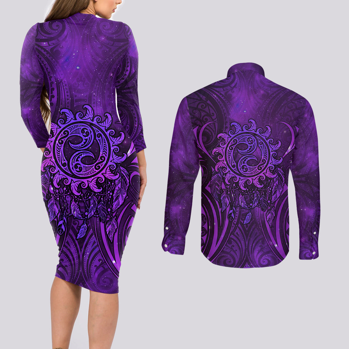 New Zealand Dream Catcher Couples Matching Long Sleeve Bodycon Dress and Long Sleeve Button Shirt Maori Koru Pattern Purple Version LT05 - Polynesian Pride