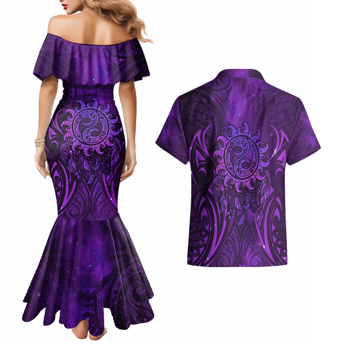 New Zealand Dream Catcher Couples Matching Mermaid Dress and Hawaiian Shirt Maori Koru Pattern Purple Version LT05 - Polynesian Pride