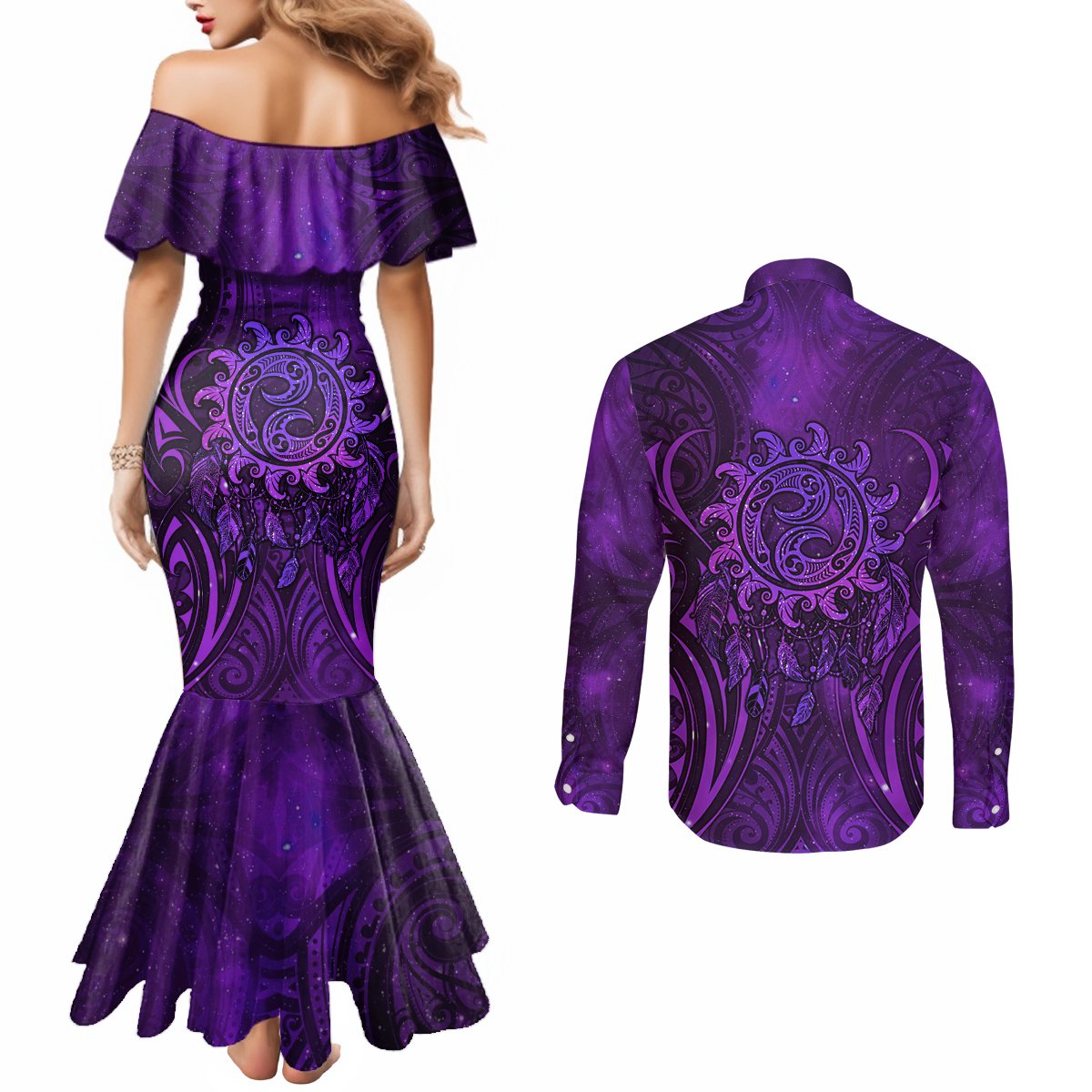 New Zealand Dream Catcher Couples Matching Mermaid Dress and Long Sleeve Button Shirt Maori Koru Pattern Purple Version LT05 - Polynesian Pride