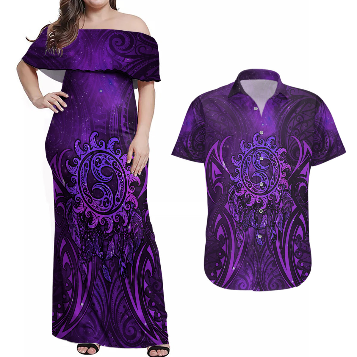New Zealand Dream Catcher Couples Matching Off Shoulder Maxi Dress and Hawaiian Shirt Maori Koru Pattern Purple Version LT05 Purple - Polynesian Pride