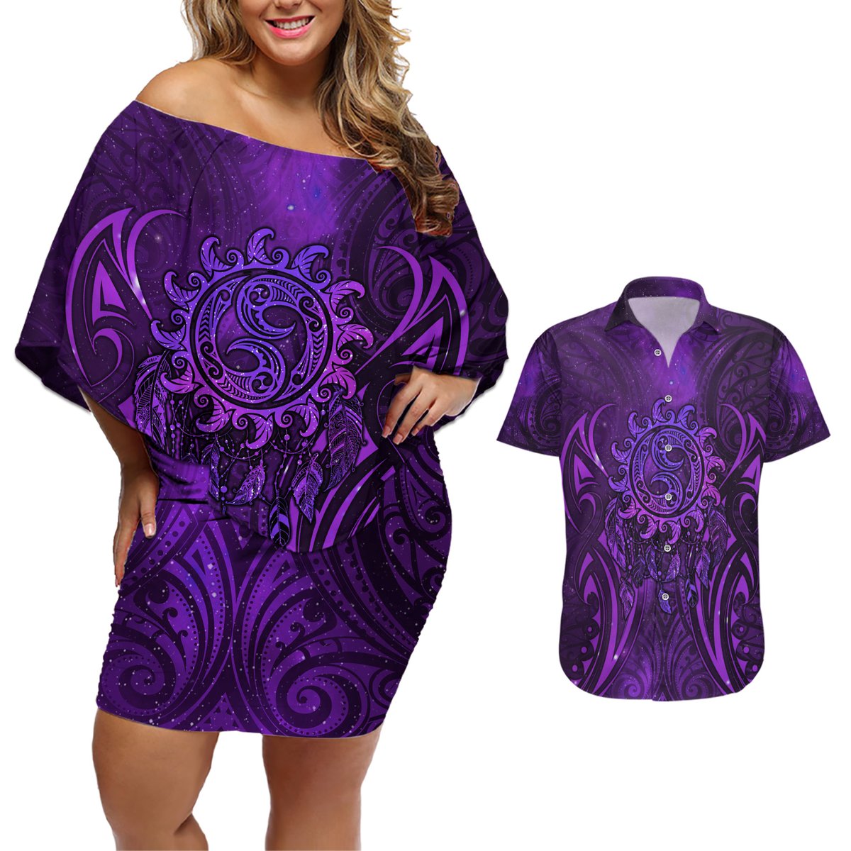 New Zealand Dream Catcher Couples Matching Off Shoulder Short Dress and Hawaiian Shirt Maori Koru Pattern Purple Version LT05 Purple - Polynesian Pride