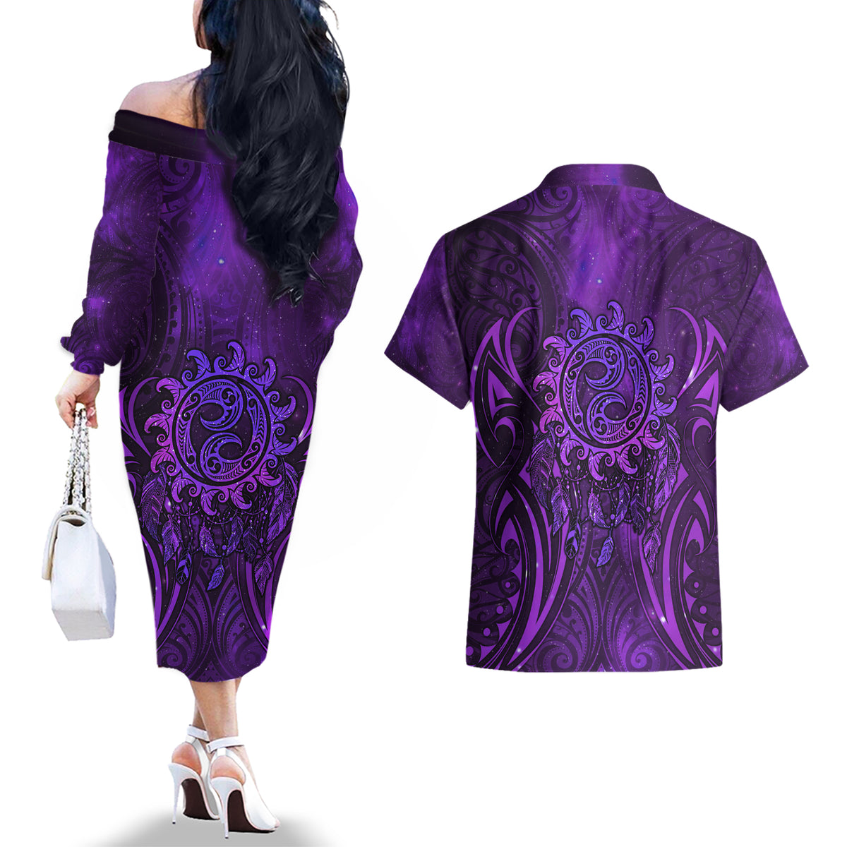 New Zealand Dream Catcher Couples Matching Off The Shoulder Long Sleeve Dress and Hawaiian Shirt Maori Koru Pattern Purple Version LT05 - Polynesian Pride