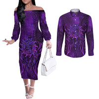 New Zealand Dream Catcher Couples Matching Off The Shoulder Long Sleeve Dress and Long Sleeve Button Shirt Maori Koru Pattern Purple Version LT05 Purple - Polynesian Pride