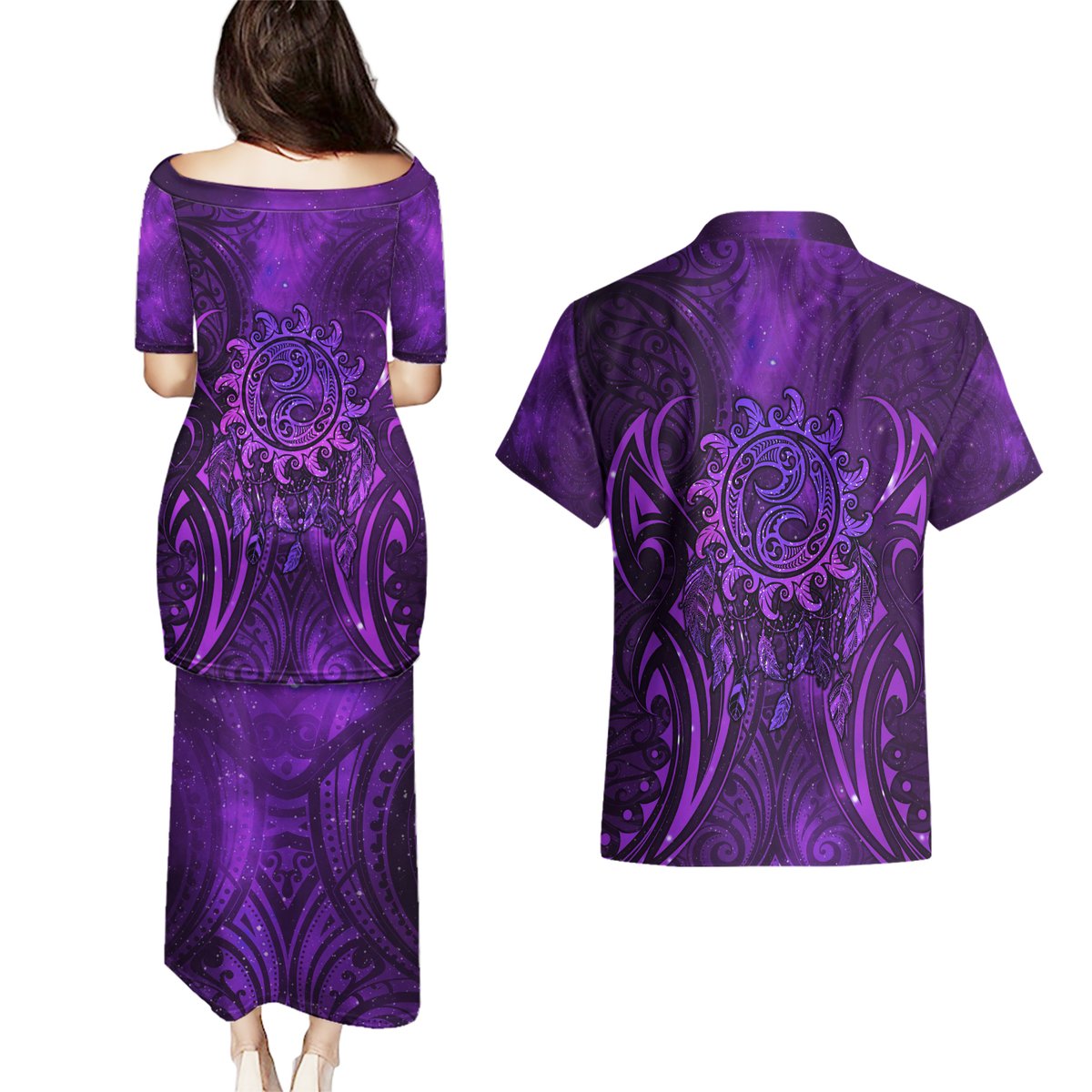 New Zealand Dream Catcher Couples Matching Puletasi and Hawaiian Shirt Maori Koru Pattern Purple Version