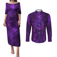 New Zealand Dream Catcher Couples Matching Puletasi and Long Sleeve Button Shirt Maori Koru Pattern Purple Version