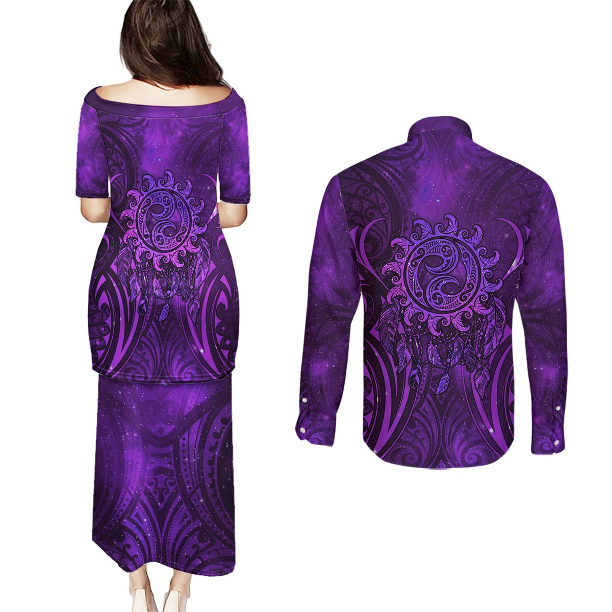 New Zealand Dream Catcher Couples Matching Puletasi and Long Sleeve Button Shirt Maori Koru Pattern Purple Version