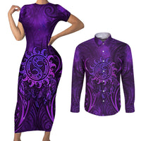 New Zealand Dream Catcher Couples Matching Short Sleeve Bodycon Dress and Long Sleeve Button Shirt Maori Koru Pattern Purple Version LT05 Purple - Polynesian Pride