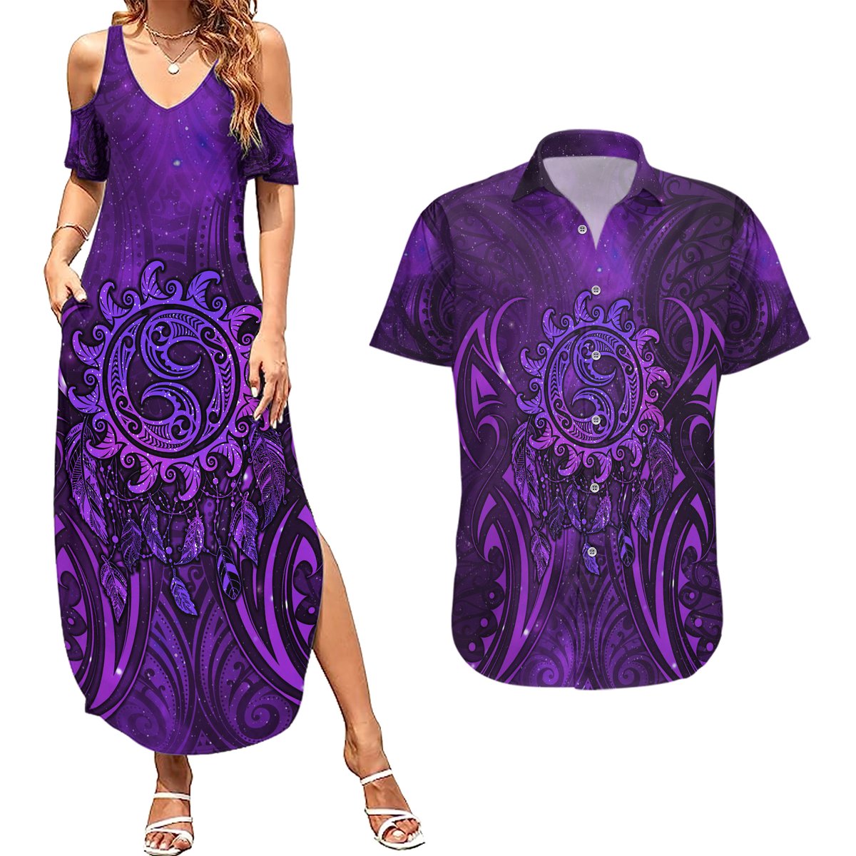 New Zealand Dream Catcher Couples Matching Summer Maxi Dress and Hawaiian Shirt Maori Koru Pattern Purple Version LT05 Purple - Polynesian Pride