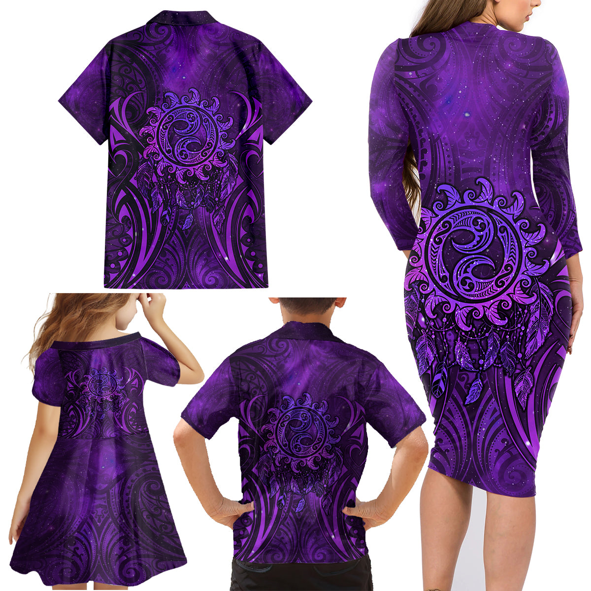 New Zealand Dream Catcher Family Matching Long Sleeve Bodycon Dress and Hawaiian Shirt Maori Koru Pattern Purple Version LT05 - Polynesian Pride