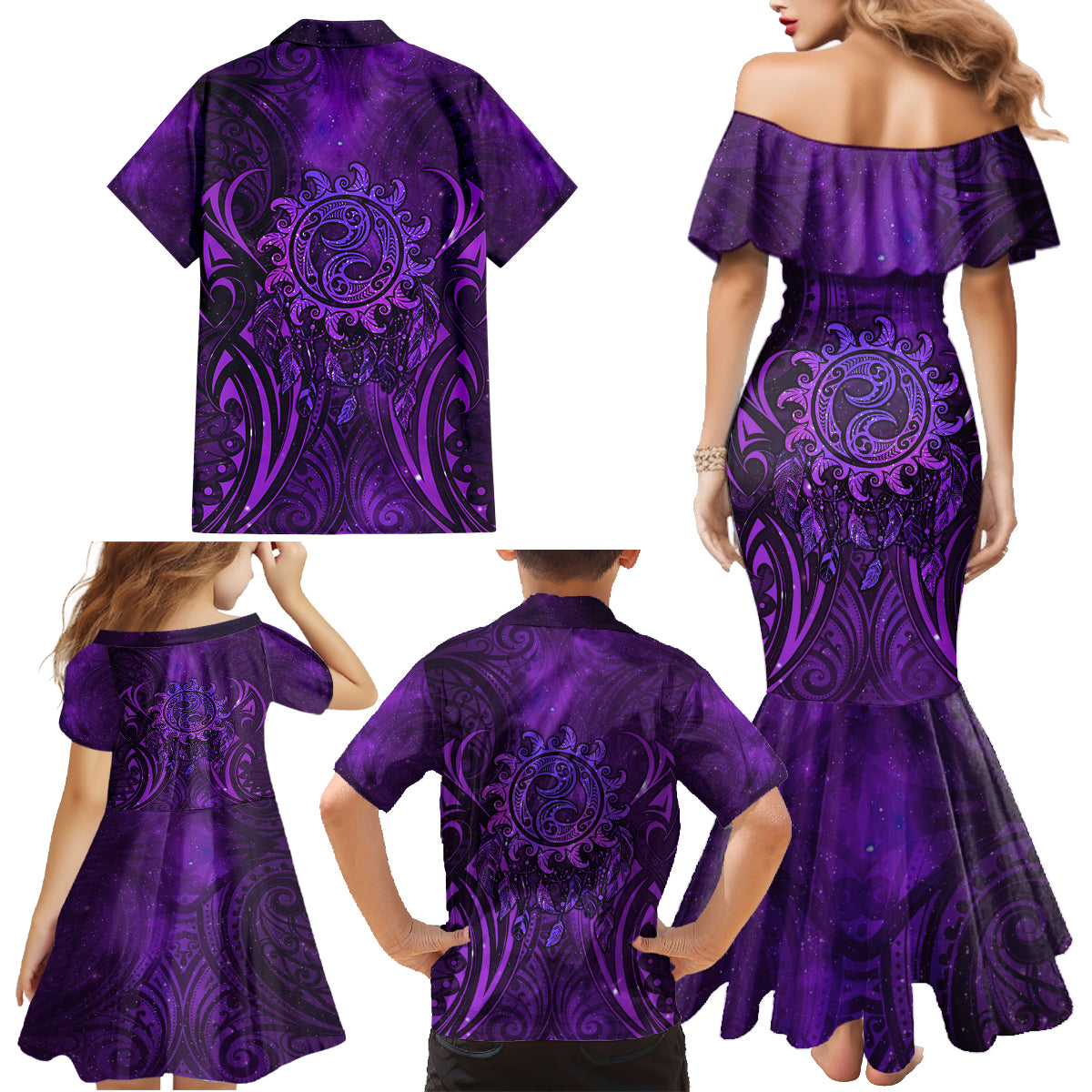 New Zealand Dream Catcher Family Matching Mermaid Dress and Hawaiian Shirt Maori Koru Pattern Purple Version LT05 - Polynesian Pride
