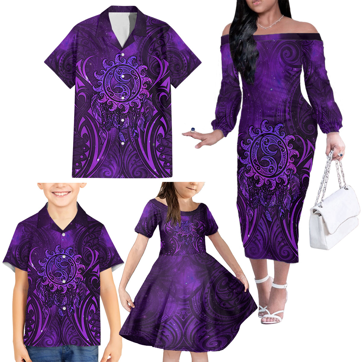 New Zealand Dream Catcher Family Matching Off The Shoulder Long Sleeve Dress and Hawaiian Shirt Maori Koru Pattern Purple Version LT05 - Polynesian Pride