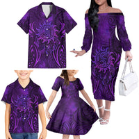 New Zealand Dream Catcher Family Matching Off The Shoulder Long Sleeve Dress and Hawaiian Shirt Maori Koru Pattern Purple Version LT05 - Polynesian Pride