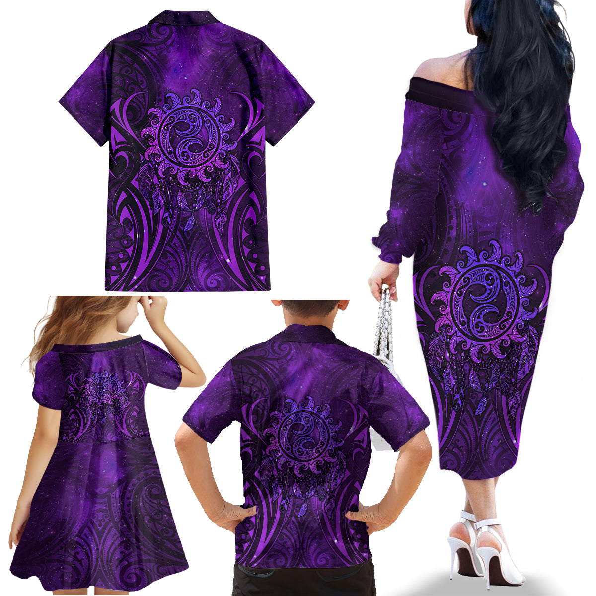 New Zealand Dream Catcher Family Matching Off The Shoulder Long Sleeve Dress and Hawaiian Shirt Maori Koru Pattern Purple Version LT05 - Polynesian Pride