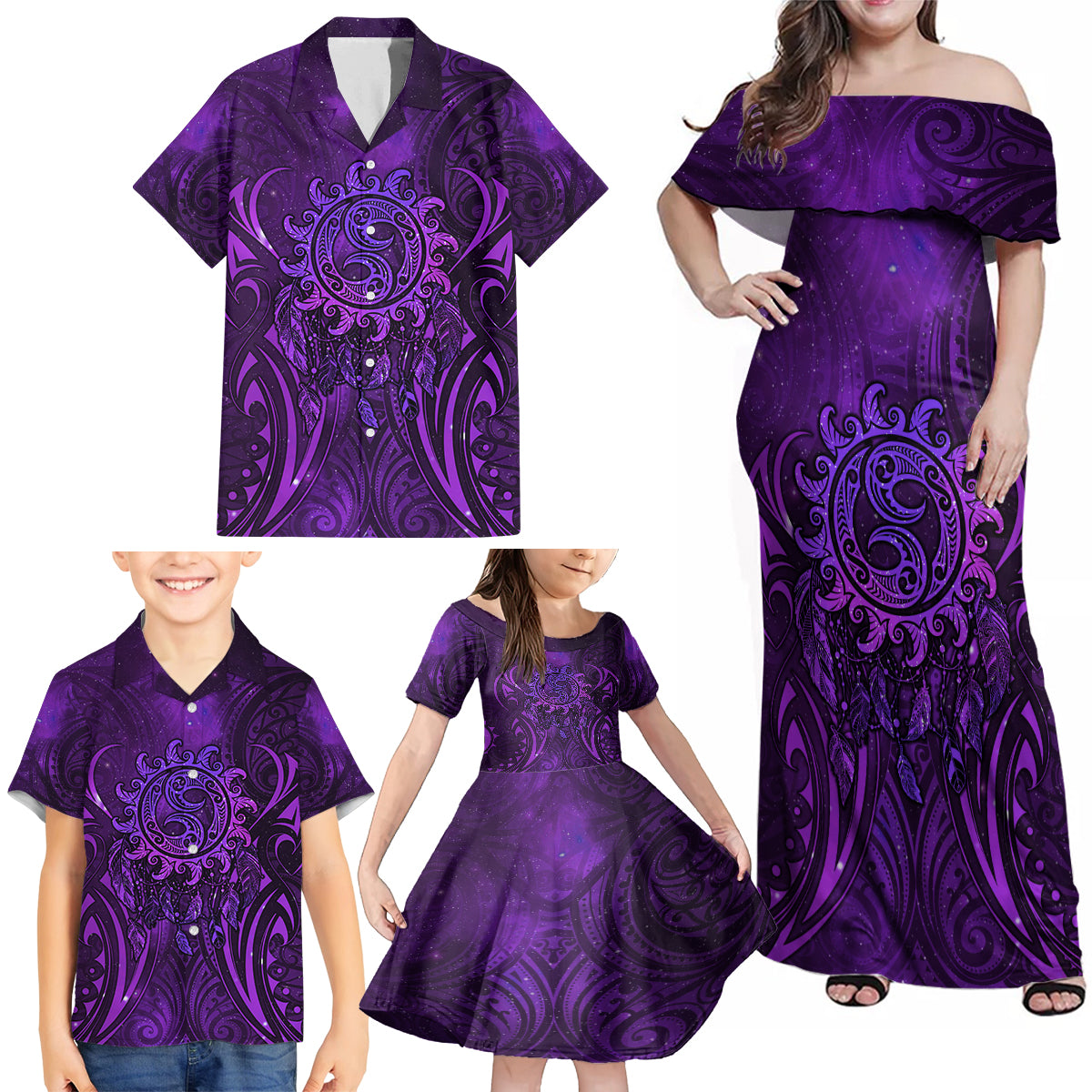 New Zealand Dream Catcher Family Matching Off Shoulder Maxi Dress and Hawaiian Shirt Maori Koru Pattern Purple Version LT05 - Polynesian Pride