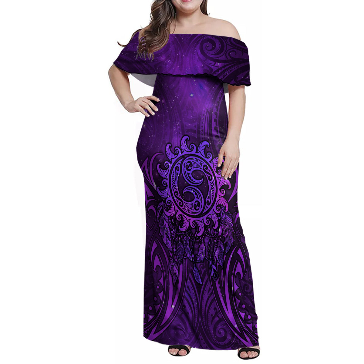 New Zealand Dream Catcher Family Matching Off Shoulder Maxi Dress and Hawaiian Shirt Maori Koru Pattern Purple Version LT05 Mom's Dress Purple - Polynesian Pride