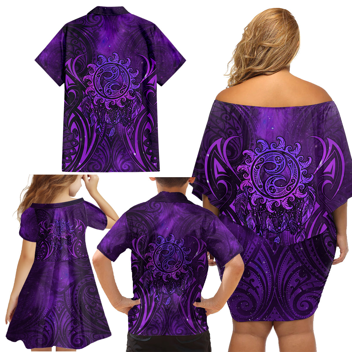 New Zealand Dream Catcher Family Matching Off Shoulder Short Dress and Hawaiian Shirt Maori Koru Pattern Purple Version LT05 - Polynesian Pride