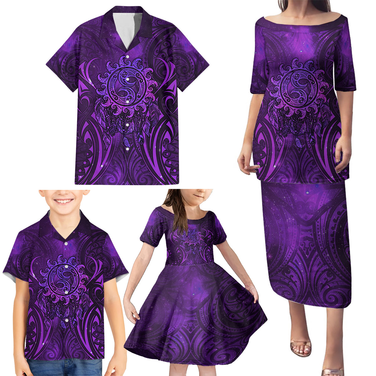 New Zealand Dream Catcher Family Matching Puletasi and Hawaiian Shirt Maori Koru Pattern Purple Version LT05 - Polynesian Pride