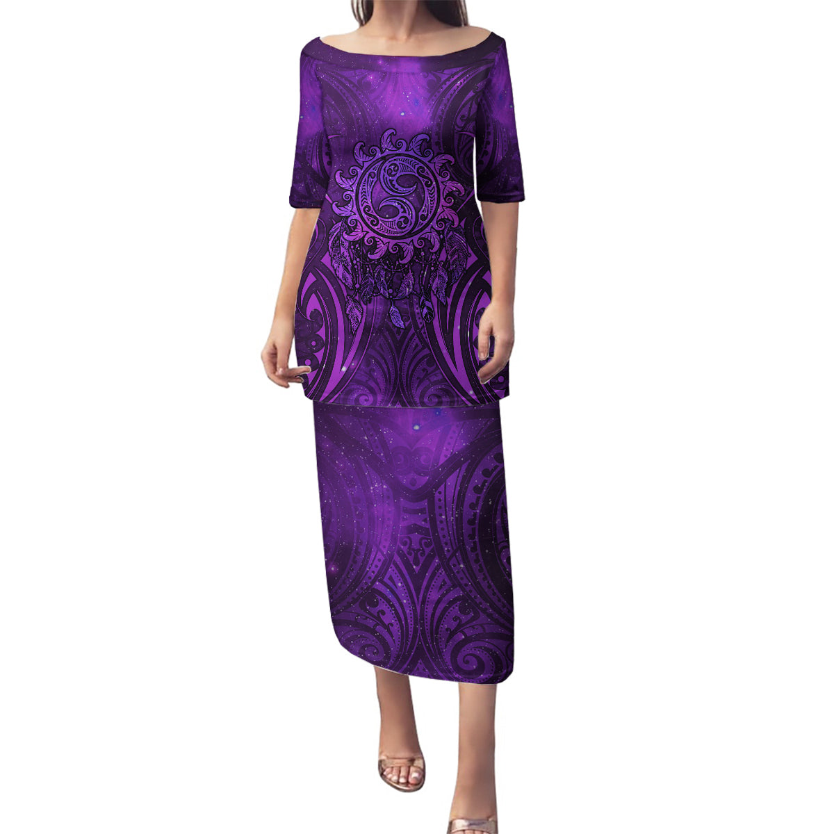 New Zealand Dream Catcher Family Matching Puletasi and Hawaiian Shirt Maori Koru Pattern Purple Version LT05 Mom's Dress Purple - Polynesian Pride