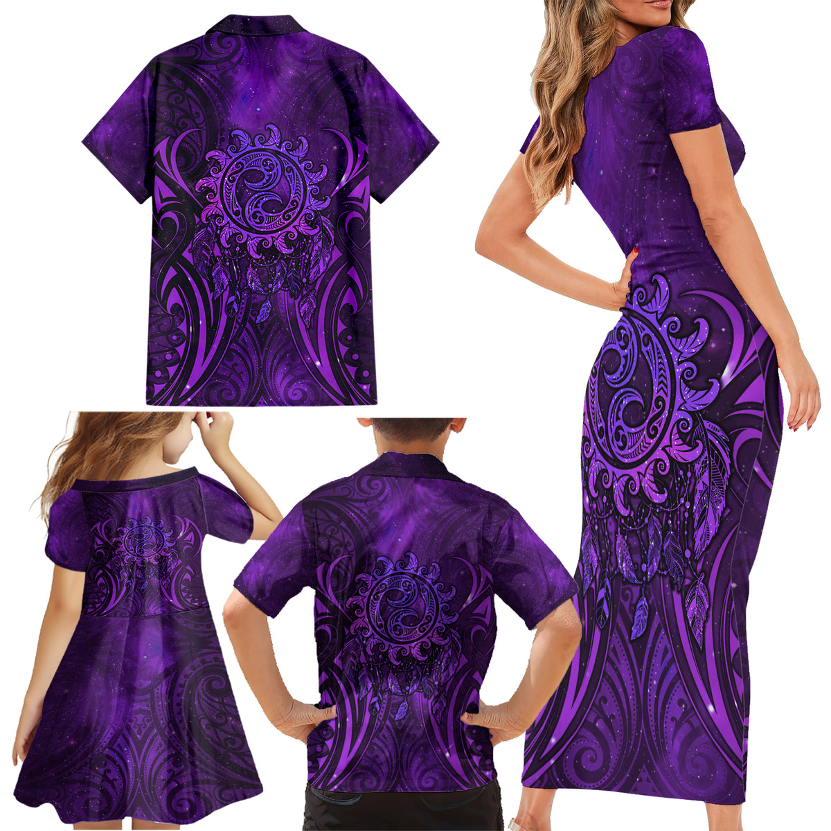 New Zealand Dream Catcher Family Matching Short Sleeve Bodycon Dress and Hawaiian Shirt Maori Koru Pattern Purple Version LT05 - Polynesian Pride