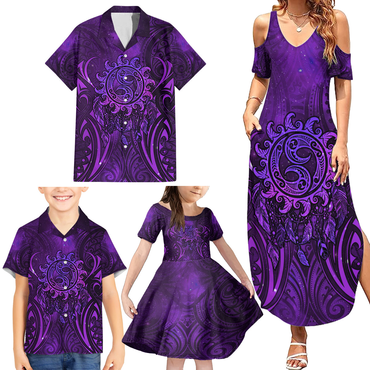 New Zealand Dream Catcher Family Matching Summer Maxi Dress and Hawaiian Shirt Maori Koru Pattern Purple Version LT05 - Polynesian Pride