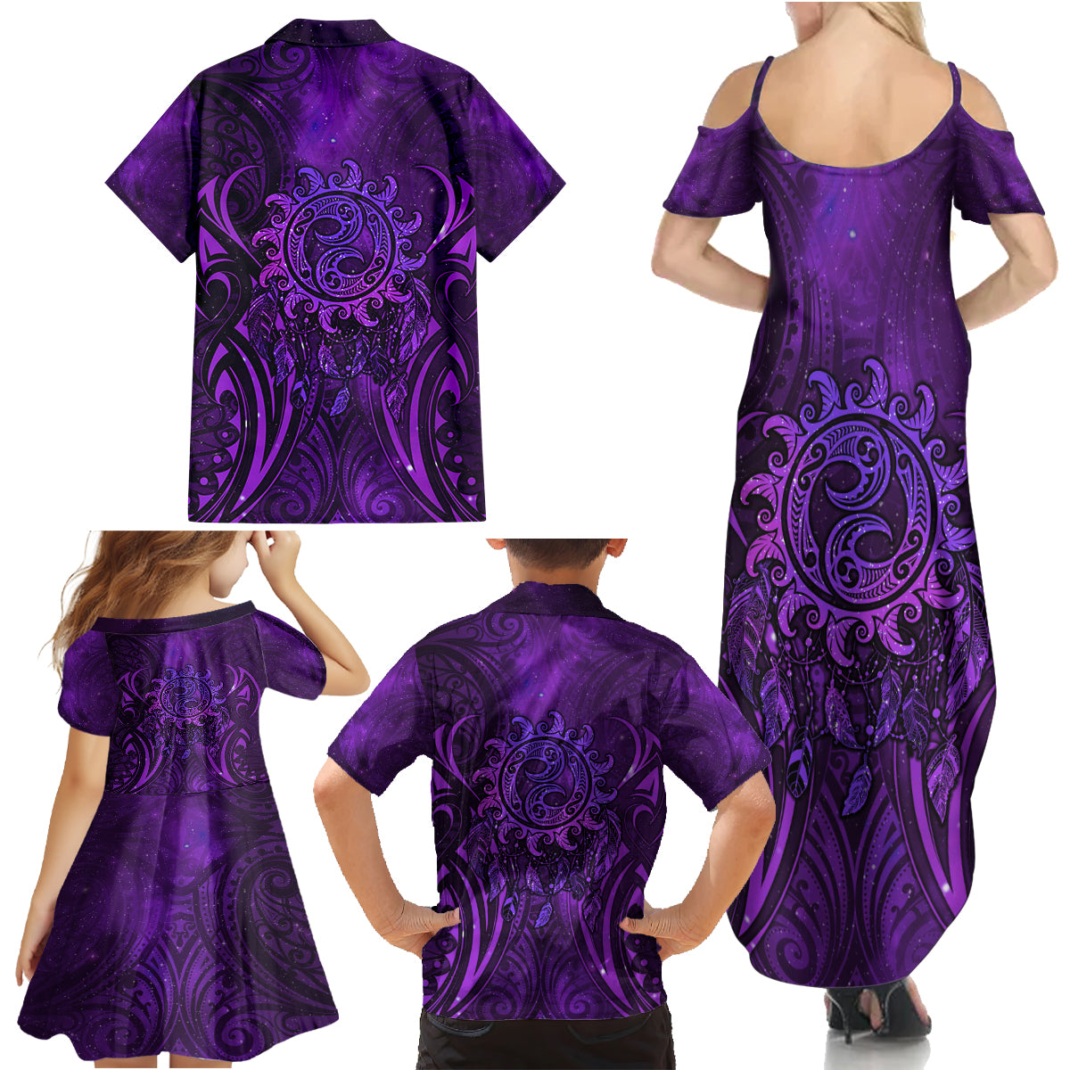 New Zealand Dream Catcher Family Matching Summer Maxi Dress and Hawaiian Shirt Maori Koru Pattern Purple Version LT05 - Polynesian Pride