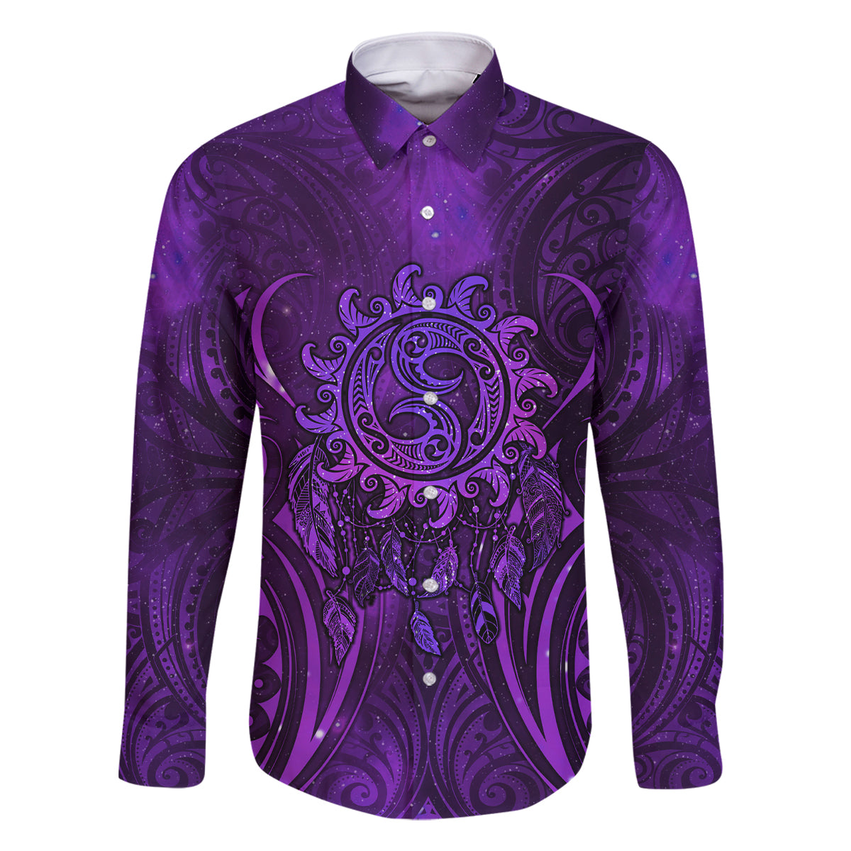 New Zealand Dream Catcher Family Matching Summer Maxi Dress and Hawaiian Shirt Maori Koru Pattern Purple Version LT05 Dad's Shirt - Long Sleeve Purple - Polynesian Pride