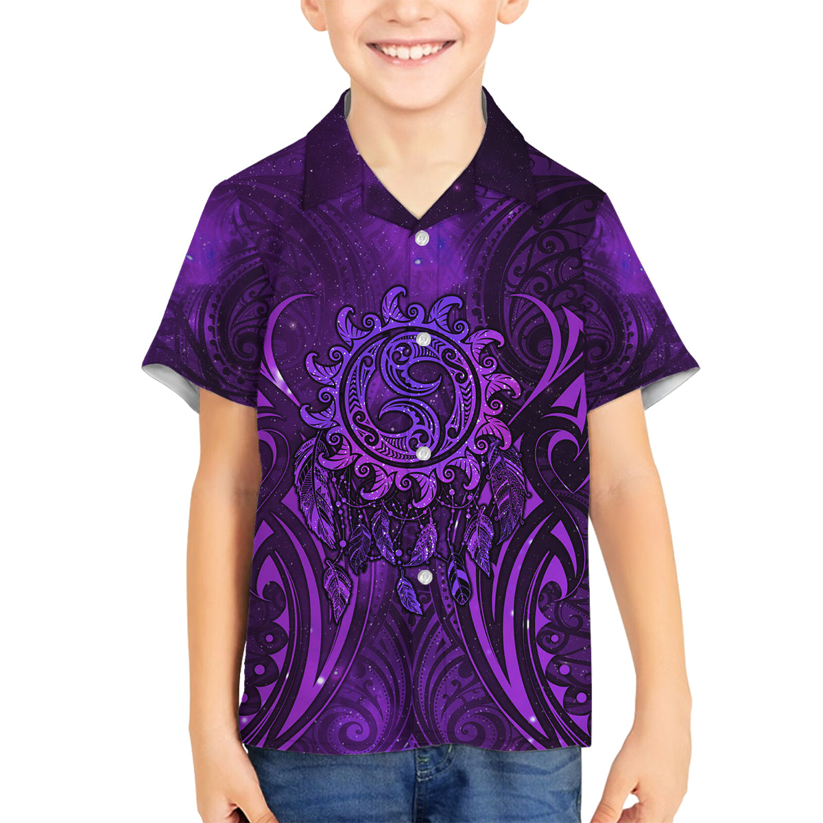 New Zealand Dream Catcher Family Matching Summer Maxi Dress and Hawaiian Shirt Maori Koru Pattern Purple Version LT05 Son's Shirt Purple - Polynesian Pride