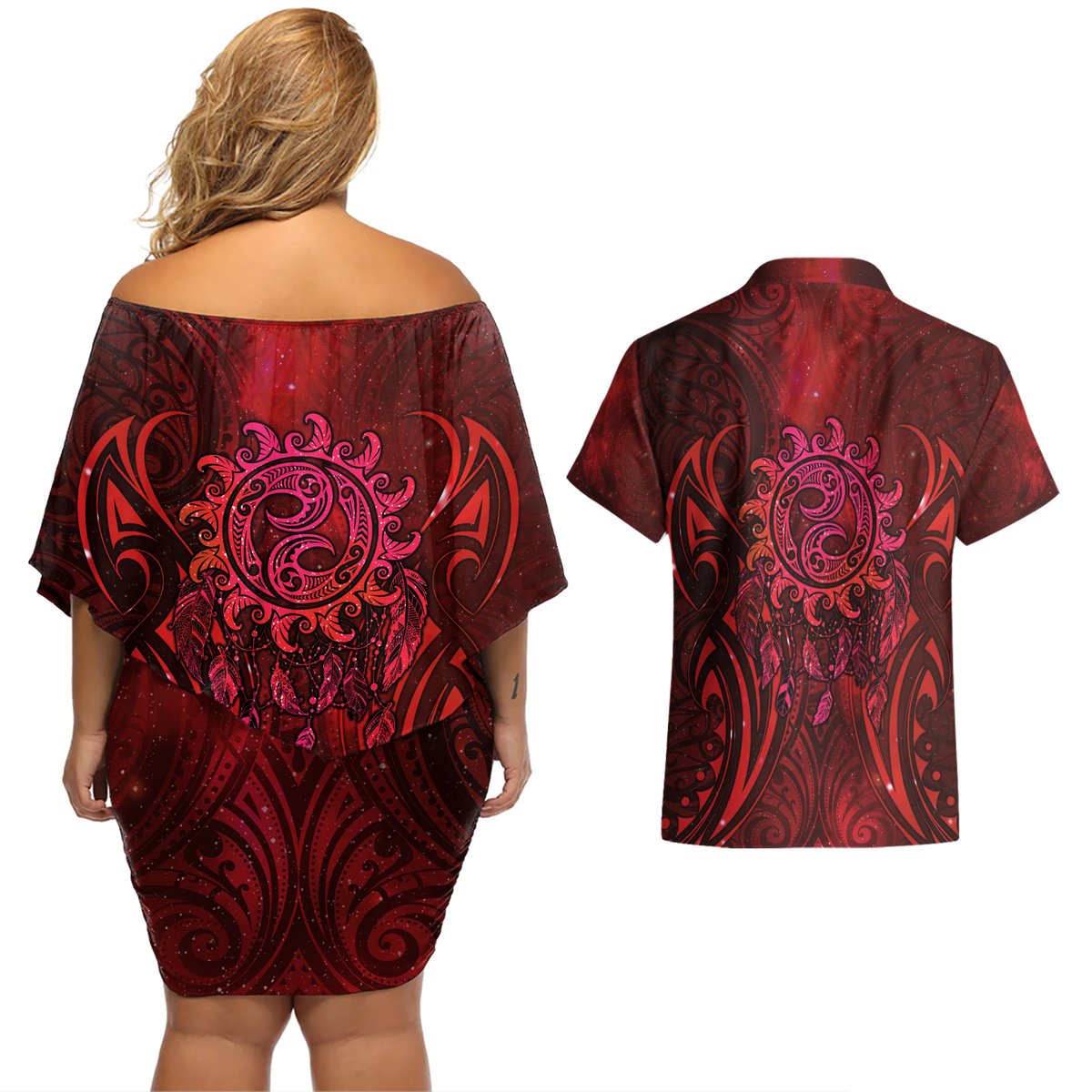 New Zealand Dream Catcher Couples Matching Off Shoulder Short Dress and Hawaiian Shirt Maori Koru Pattern Red Version LT05 - Polynesian Pride