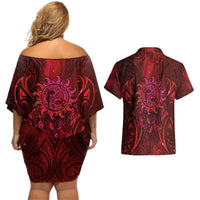 New Zealand Dream Catcher Couples Matching Off Shoulder Short Dress and Hawaiian Shirt Maori Koru Pattern Red Version LT05 - Polynesian Pride