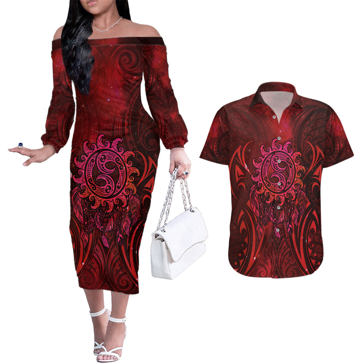 New Zealand Dream Catcher Couples Matching Off The Shoulder Long Sleeve Dress and Hawaiian Shirt Maori Koru Pattern Red Version LT05 Red - Polynesian Pride